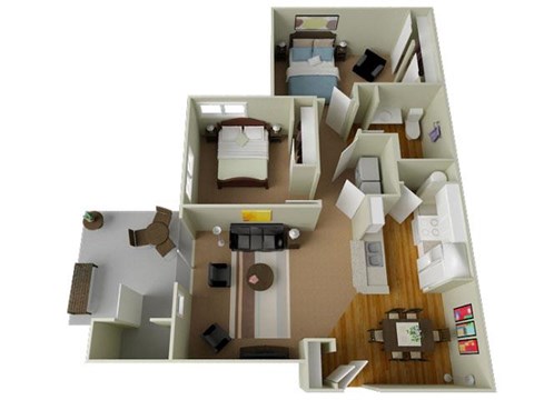 River House Apartments Spokane Valley, Washington Two Bedroom One Bath 3D Floor Plans